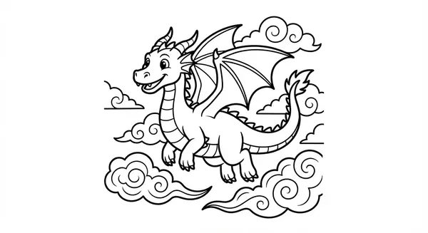 Ein freundlicher Drache fliegt durch Wolken