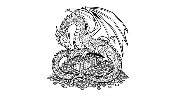 Ein Drache bewacht einen Haufen Goldmünzen und eine Schatztruhe