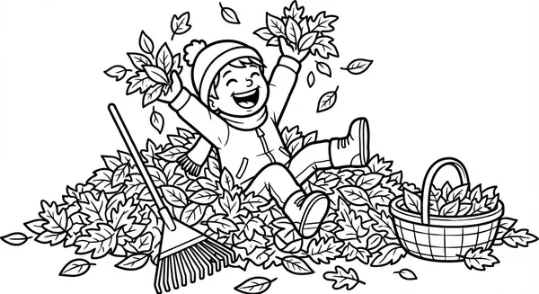 Ein Kind spielt in einem großen Haufen Herbstlaub