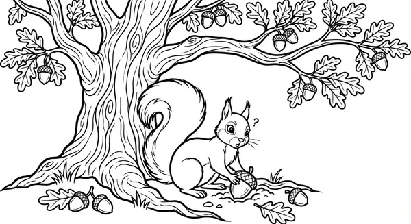 Ein neugieriges Eichhörnchen vergräbt eine Eichel unter einem Eichenbaum