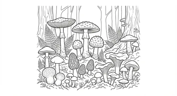 Eine Gruppe verschiedener Pilze und Fliegenpilze auf einer Waldlichtung