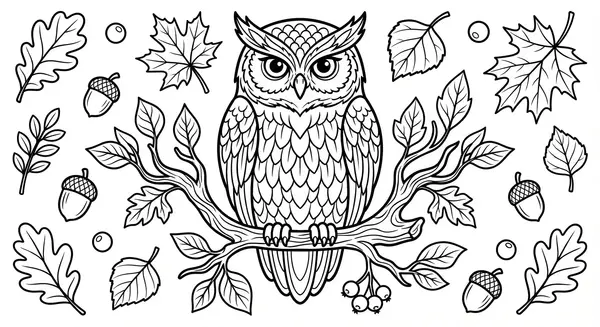 Eine majestätische Eule sitzt auf einem Ast, umgeben von buntem Herbstlaub