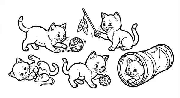 Katzenkindergarten: Eine wilde Bande von kleinen Kätzchen tobt gemeinsam mit verschiedenen Spielzeugen.