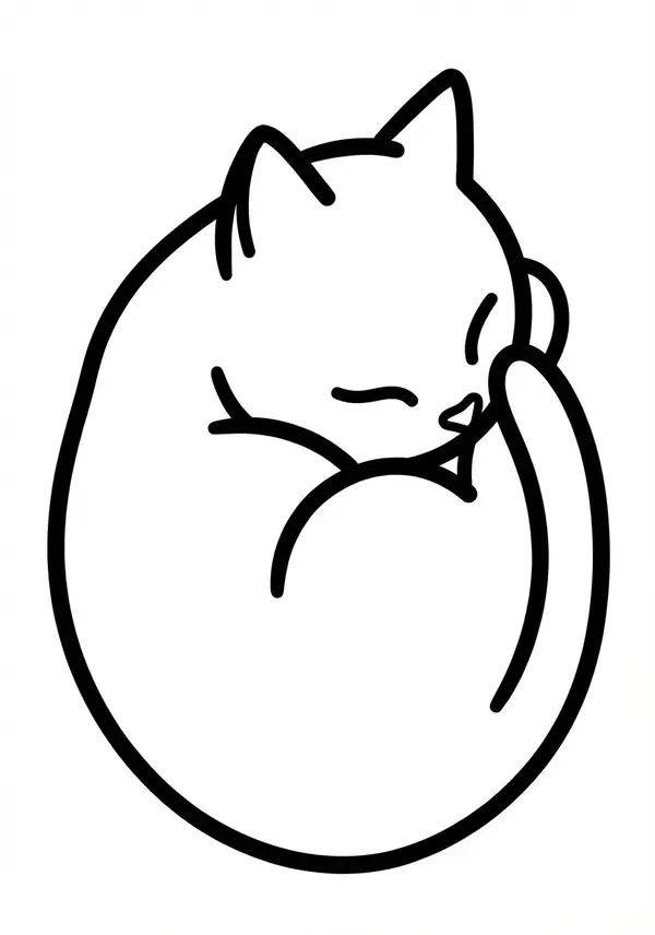 Spielzeit: Katze mit Ball, dargestellt mit dicken Linien und großen Flächen.