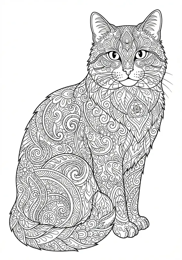 Das Zentangle-Gesicht: Ein intensiver Katzenblick, umrahmt von tausenden kleinen Mustern in Fell und Ohren.