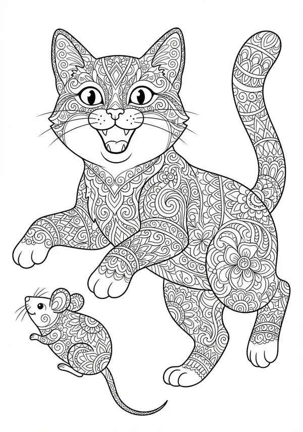 Mandala-Silhouette: Die Form einer Katze, komplett gefüllt mit symmetrischen Blüten- und Kreis-Designs.