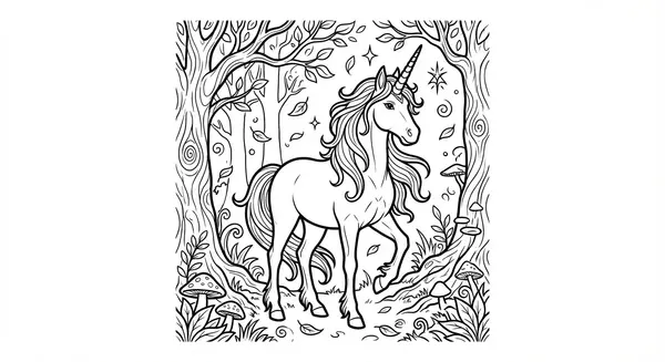 Ein majestätisches Einhorn steht stolz in einem mystischen Zauberwald, umgeben von leuchtenden Glühwürmchen und uralten Bäumen – eine perfekte Vorlage für fantasievolle Farben.
