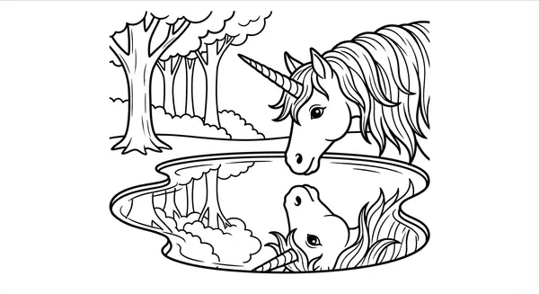 Neugieriges Einhorn betrachtet fasziniert sein eigenes Spiegelbild in einem klaren Waldteich – eine ruhige Szene, die zum Träumen einlädt.