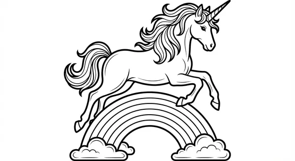 Dynamisches Einhorn im Galopp über einen strahlenden Regenbogen, der den Himmel in bunten Farben erleuchtet – ideal, um mit kräftigen Buntstiften Leben einzuhauchen.