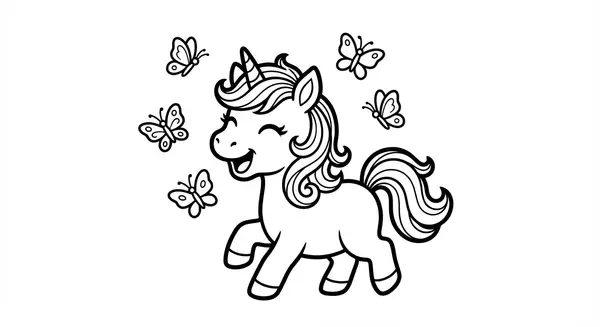 Niedliches Einhornfohlen spielt fröhlich mit zarten Schmetterlingen auf einer Blumenwiese – ein süßes Motiv, das besonders Kindern Freude beim Ausmalen bereitet.