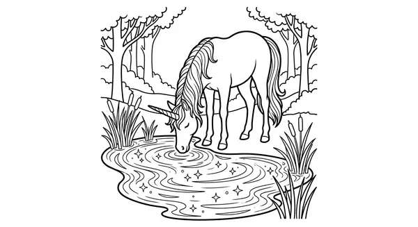Ruhiges Einhorn trinkt anmutig aus einem glitzernden Zaubersee, in dem sich der Mond spiegelt – eine stimmungsvolle Szene für entspannte Malmomente.