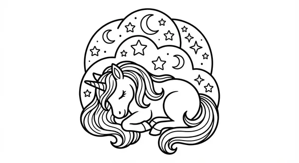 Friedliches Einhorn schlummert sanft unter einem funkelnden Sternenhimmel – perfekt, um mit dunklen Blautönen und gelben Sternen eine Nachtszene zu gestalten.
