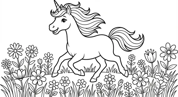 Lebensfrohes Einhorn springt voller Energie durch ein Feld voller wilder Blumen – hier können viele verschiedene Farben für die Blüten verwendet werden.