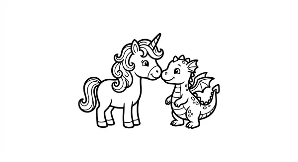 Ungewöhnliche Freunde: Ein freundliches Einhorn begrüßt sanft einen kleinen, lächelnden Drachenbabys – ein Motiv, das Geschichten erzählt.