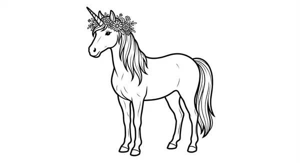 Königliches Einhorn mit einem prächtigen Kranz aus Wildblumen im Haar – dieses Portrait lädt dazu ein, besonders sorgfältig die Details der Blüten auszumalen.