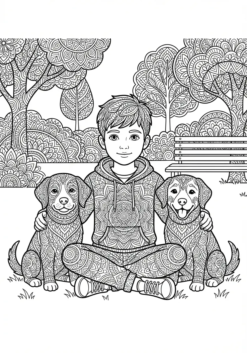 Komplexes Mandala mit einem Jungen und zwei verspielten Hunden