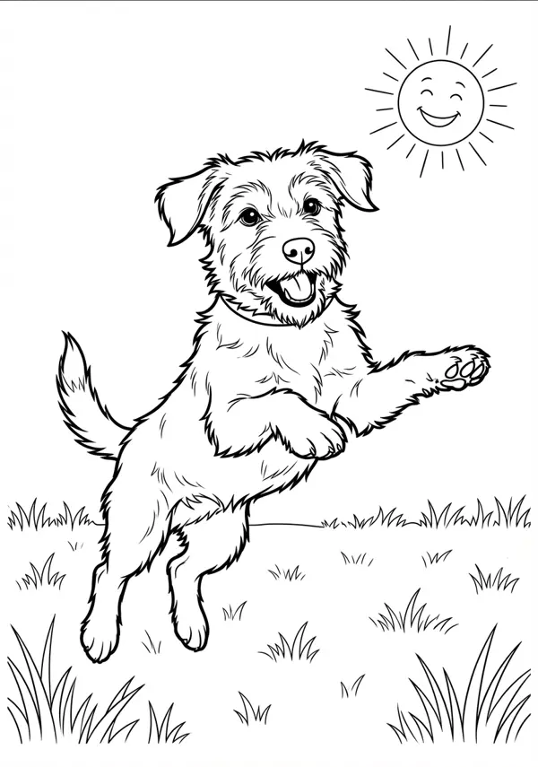 Detailreiche Malvorlage eines Hundes in Bewegung, der voller Freude über eine Wiese mit Gräsern und Blumen springt