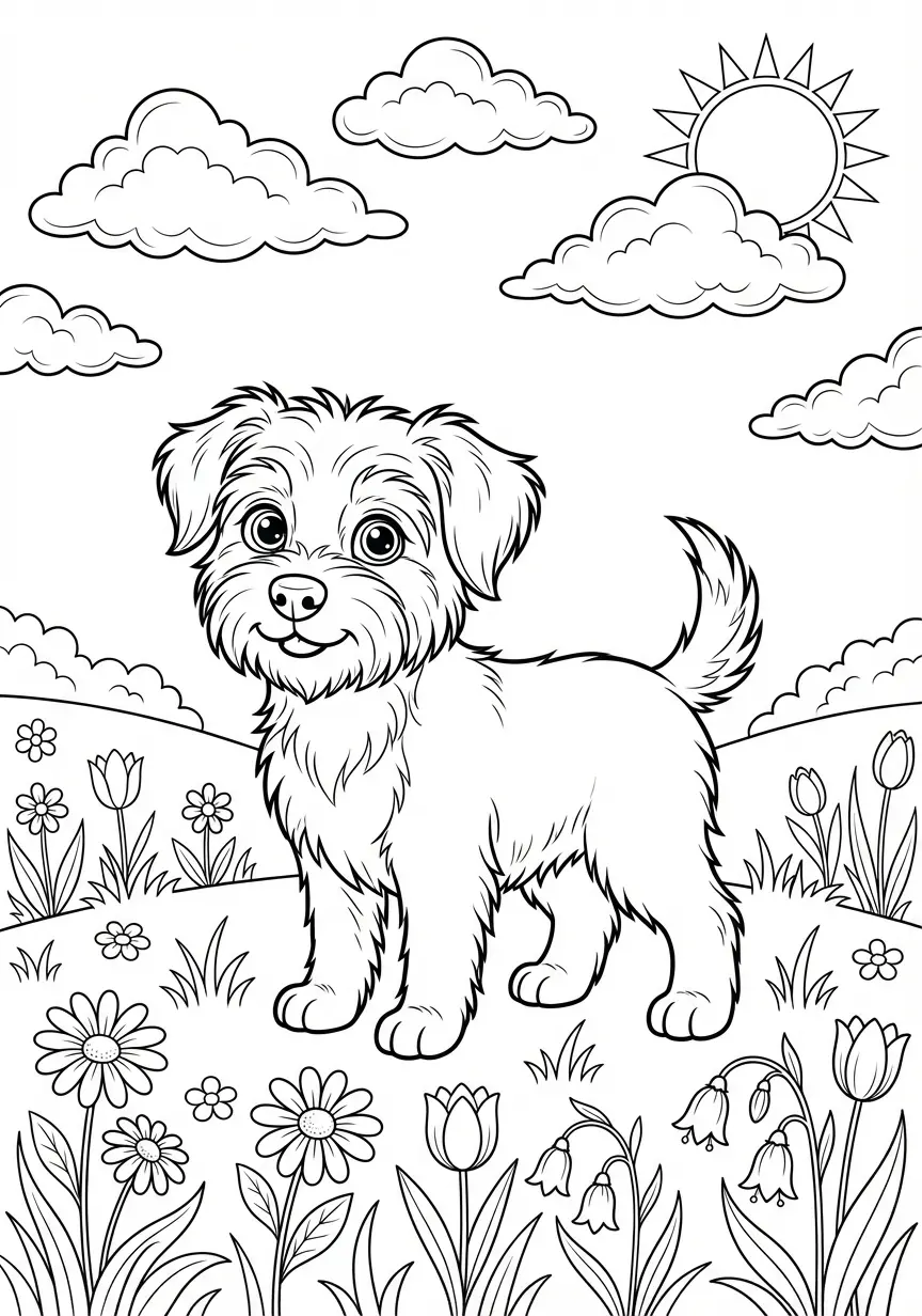 Detailreicher Comic Hund auf einer blühenden Sommerwiese