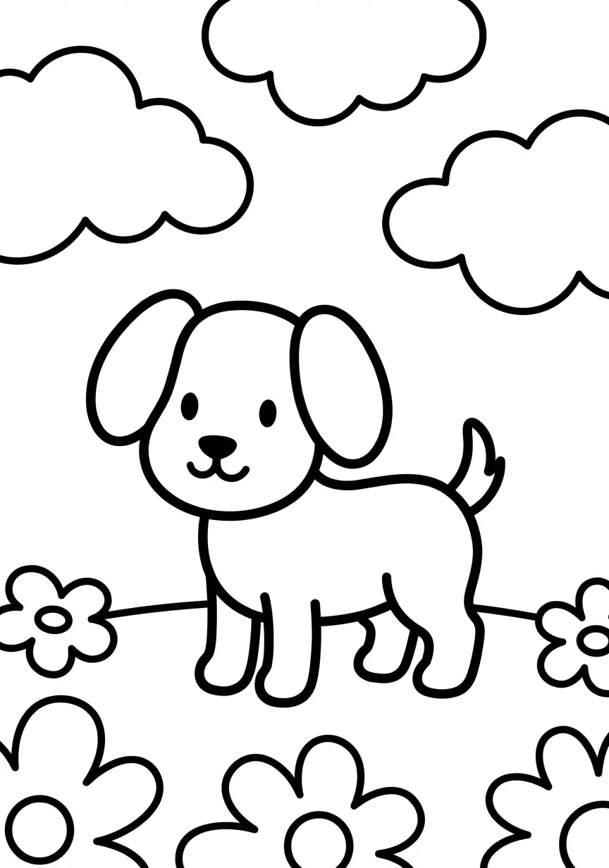 Kleiner Hund auf der Wiese mit einfachen Blumen