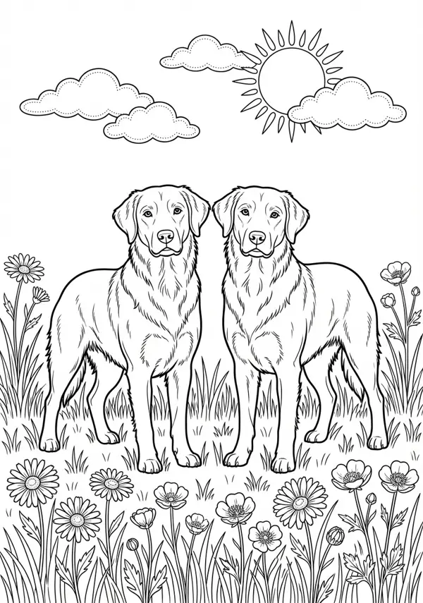 Ausgewogene Malvorlage von zwei Hunden, die vergnügt auf einer detailreichen Wiese voller Blumen toben