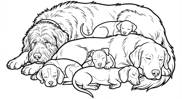 Eine Hundefamilie schläft friedlich zusammen