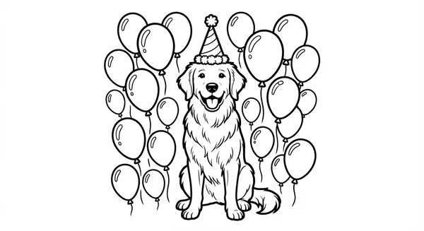 Ein Hund mit Partyhut, umgeben von Luftballons