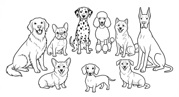 Eine Gruppe verschiedener Hunde sitzt im Kreis