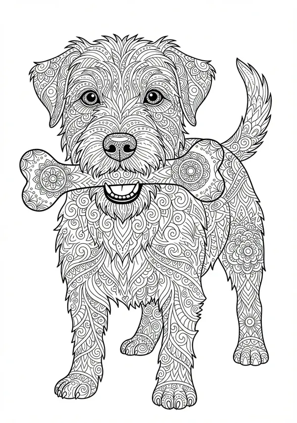 Ein detailreiches Zentangle-Porträt eines Hundegesichts, mit komplizierten Mustern, die Fell, Augen und Nase bilden, gerahmt von dichten, sich wiederholenden geometrischen Motiven.