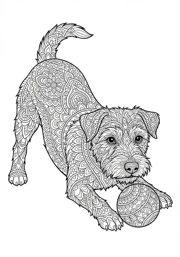 Eine dynamische Szene eines stilisierten Hundes im Sprung, der abstrakten, gemusterten Schmetterlingen nachjagt, wobei die Form des Hundes, der Boden und die Insekten alle aus aufwendigen, miteinander verflochtenen Zentangle-Designs bestehen.