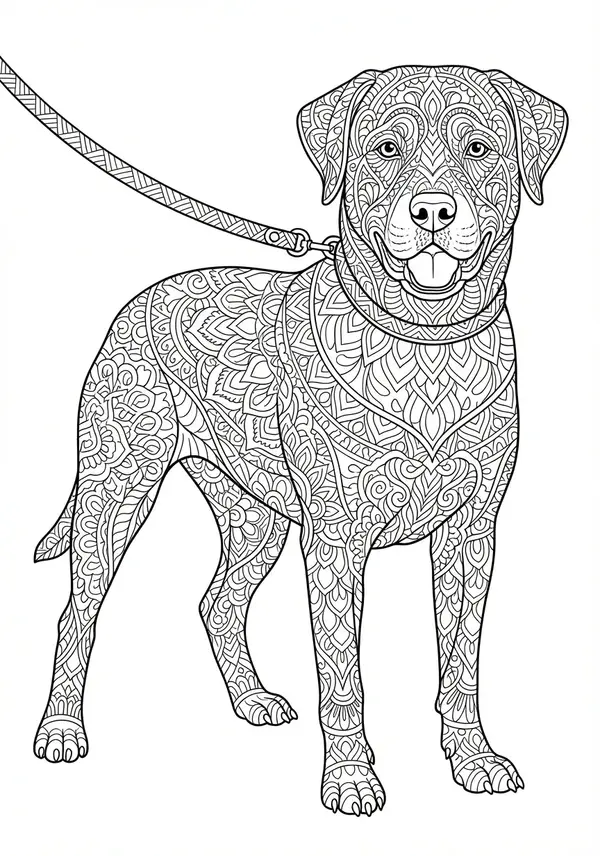 Ein komplexes kreisförmiges Mandala mit mehreren stilisierten Hunderassen, wobei jedes Segment oder jeder Ring eine einzigartige Hundesilhouette (z.B. Pudel, Dackel, Husky) enthält, kunstvoll mit feinen Zentangle-Mustern gefüllt, die von einem zentralen Pfotenabdruckmotiv ausgehen.