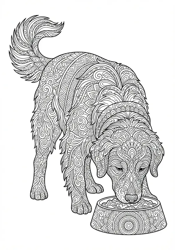 Eine friedliche Darstellung eines Hundes, der zusammengerollt auf einem Kissenhaufen schläft, wobei jede Oberfläche – das Fell des Hundes, der Stoff der Kissen und selbst subtile Schatten – mit Tausenden von unterschiedlichen, nicht sich wiederholenden Zentangle-Mustern dargestellt ist.