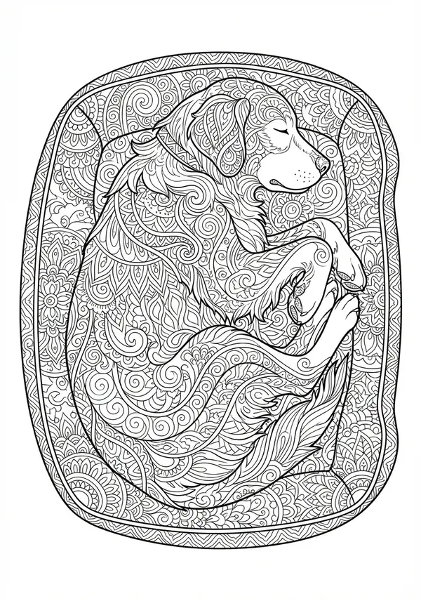 Die Silhouette eines majestätischen Hundes, vollständig gefüllt mit einem unglaublich dichten und komplizierten Teppich aus sich windenden botanischen Zentangle-Mustern, die eine 'lebendige' organische Textur erzeugen.