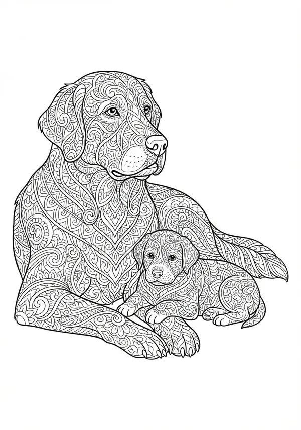 Eine Vogelperspektive mehrerer Hunde, die in einer fantastischen Parklandschaft interagieren, wobei der Boden, die Bäume und jeder einzelne Hund akribisch mit unterschiedlichen und aufwendigen Zentangle-Motiven dargestellt sind und ein komplexes Mosaik bilden.
