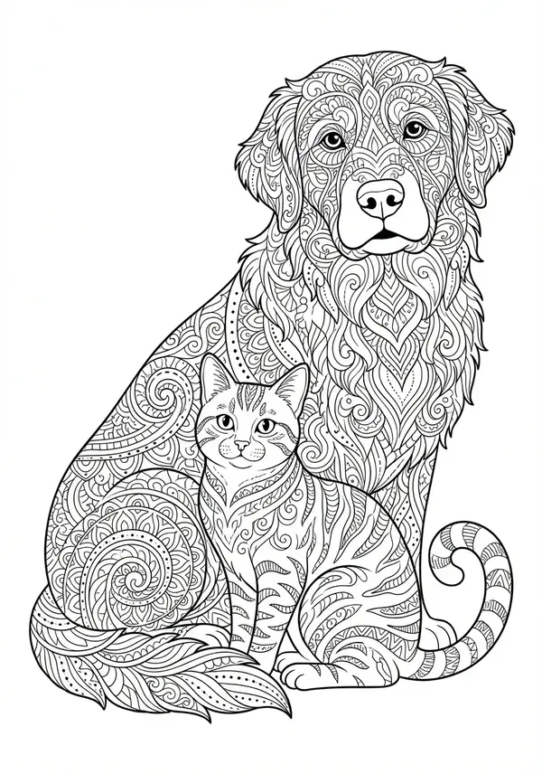 Eine perfekt symmetrische Darstellung eines Hundekopfes, in der Mitte geteilt und gespiegelt, wobei jede Hälfte kunstvoll mit einer Explosion winziger, identischer oder komplementärer Zentangle-Muster und feiner Linien gefüllt ist.