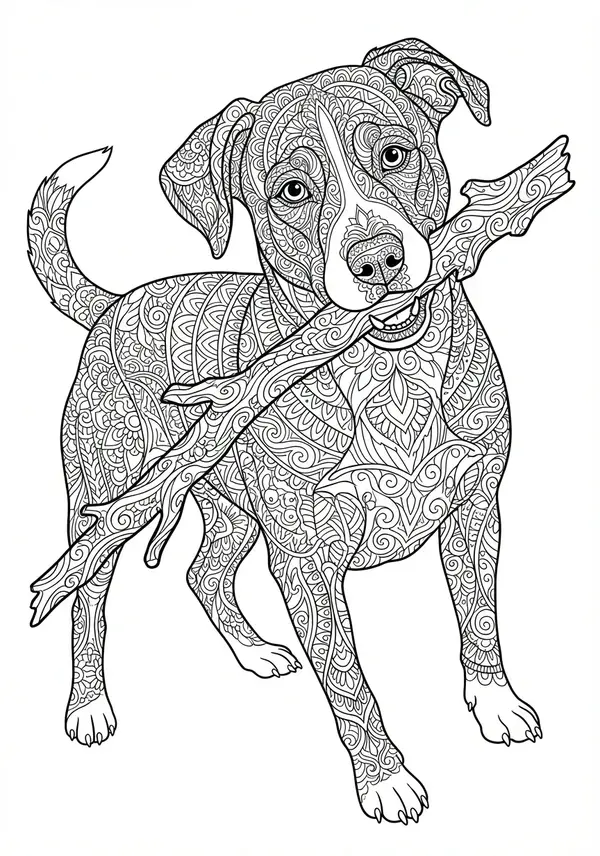 Eine himmlische Hundeform, einer Konstellation ähnelnd, schwebend inmitten einer kosmischen Kulisse aus Sternen, Nebeln und Galaxien, wobei die Form des Hundes und der umgebende Raum kunstvoll mit abstrakten Zentangle- und Mandala-Elementen gemustert sind.