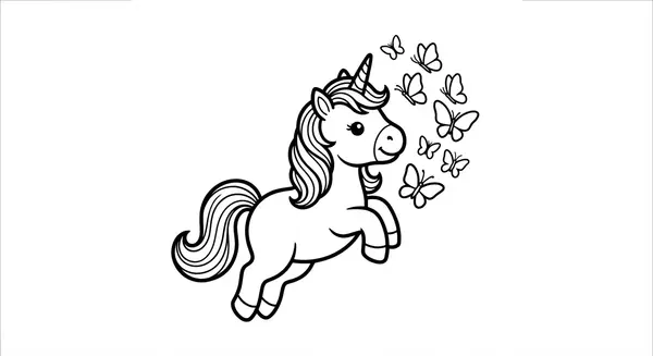 Ein molliges Einhorn spielt mit Schmetterlingen