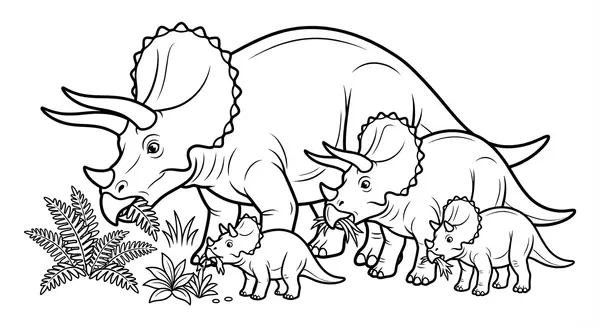 Eine friedlich grasende Triceratops-Familie