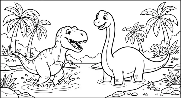 Zwei freundliche Dinosaurier spielen an einem Fluss