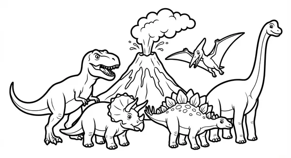 Eine vielfältige Gruppe von Dinosauriern nahe einem ausbrechenden Vulkan