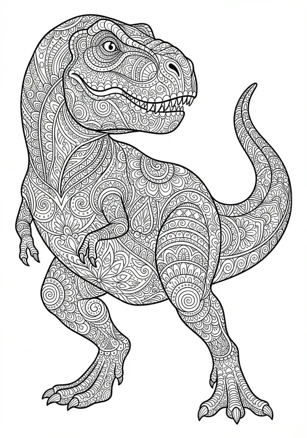 Ein hochdetaillierter, brüllender Tyrannosaurus Rex Kopf mit komplexen Schuppenmustern, scharfen Zähnen und Zentangle-Texturen in Haut und Maulhöhle.