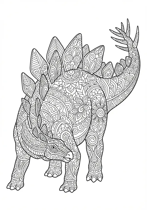 Eine komplexe Anordnung von überlappenden Stegosaurus-Rückenplatten, jede mit einzigartigen geometrischen und organischen Mustern, vor einer tief texturierten Haut.