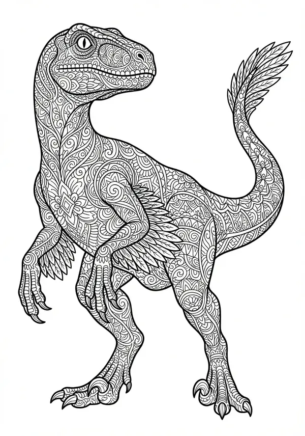 Eine dramatische Vulkanlandschaft, hochdetailliert dargestellt mit fließender Lava, wirbelnden Aschewolken, alter Flora und winzigen, komplex gemusterten Dinosauriern in weiter Ferne.