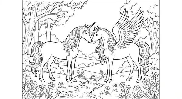 Ein Einhorn und ein Pegasus begegnen sich friedlich auf einer Lichtung