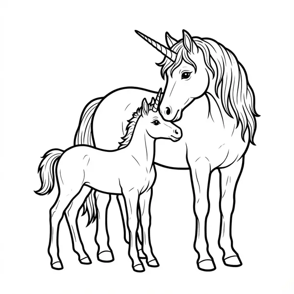 Eine Einhorn-Mutter liebkost sanft ihr Fohlen