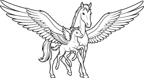 Ein junger Pegasus lernt mit seinem Elternteil zu fliegen