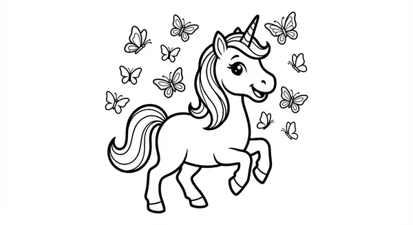 Ein verspieltes Einhorn, umgeben von flatternden Schmetterlingen