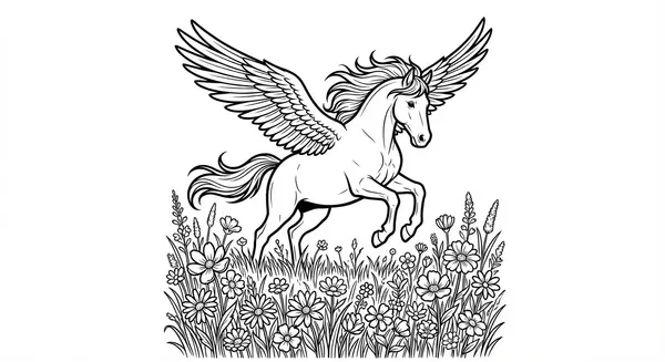 Ein Pegasus landet anmutig auf einem Feld voller bunter Wildblumen