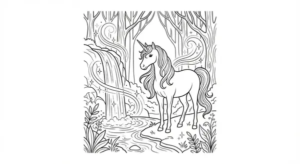 Ein Einhorn steht neben einem funkelnden, mystischen Wasserfall