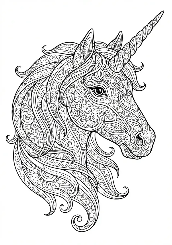 Verborgene Waldschönheit: Ein anmutiges Einhorn im dichten Fantasiewald, wo jeder Baum und jedes Blatt mit extrem feinen Strukturen auf geduldige Ausmaler wartet.