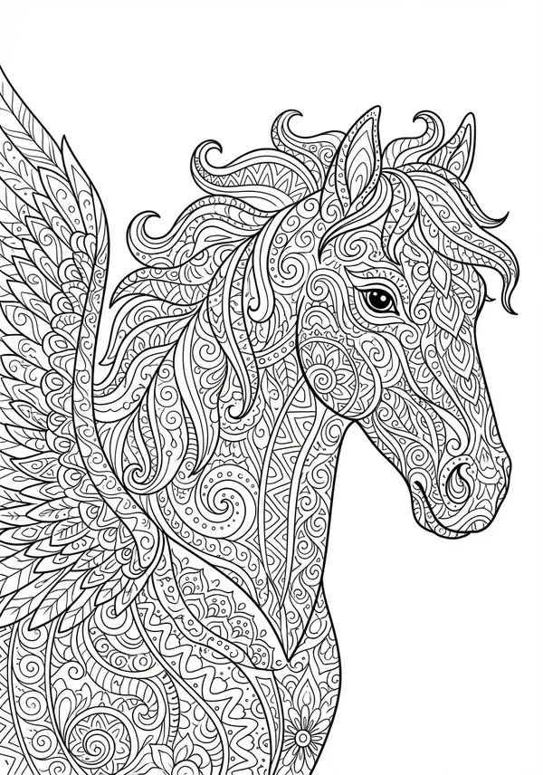 Kosmischer Aufstieg: Ein mächtiger Pegasus steigt durch Sternennebel auf – eine komplexe Komposition aus wirbelnden Linien und Himmelskörpern für Profis.